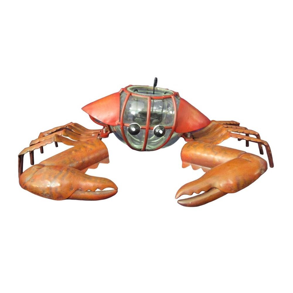 Crab Tea Light Holder Dungeness Metal Glass Beach Rustic Paint Flaws Leans Left